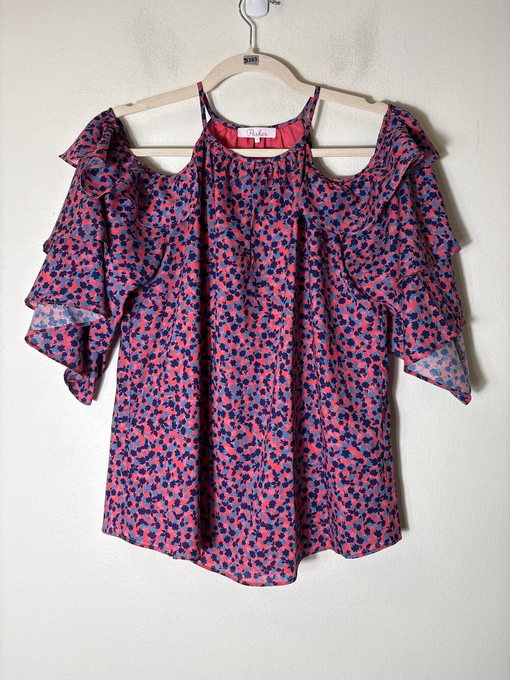 Parker Pink Blue Floral Cold Shoulder Half Sleeve Key Hole Top Sz S